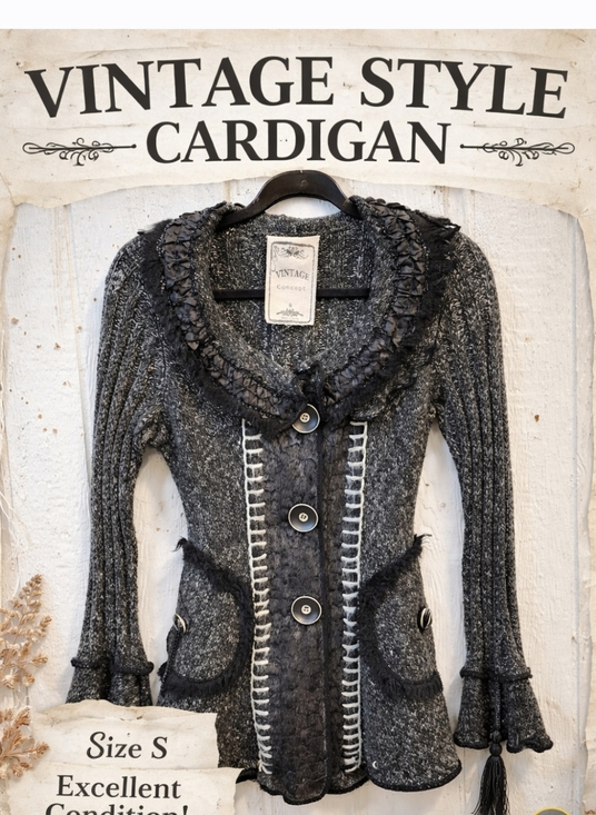 Vintage Concept Sweaters - Romantic Knit Cardigan Charcoal Gray Ruffle Trim Vintage Style Button Front Size